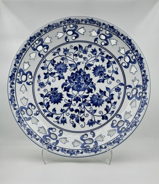 Chinese Blue & White Pierced Rim Platter Floral Medallion Porcelain
