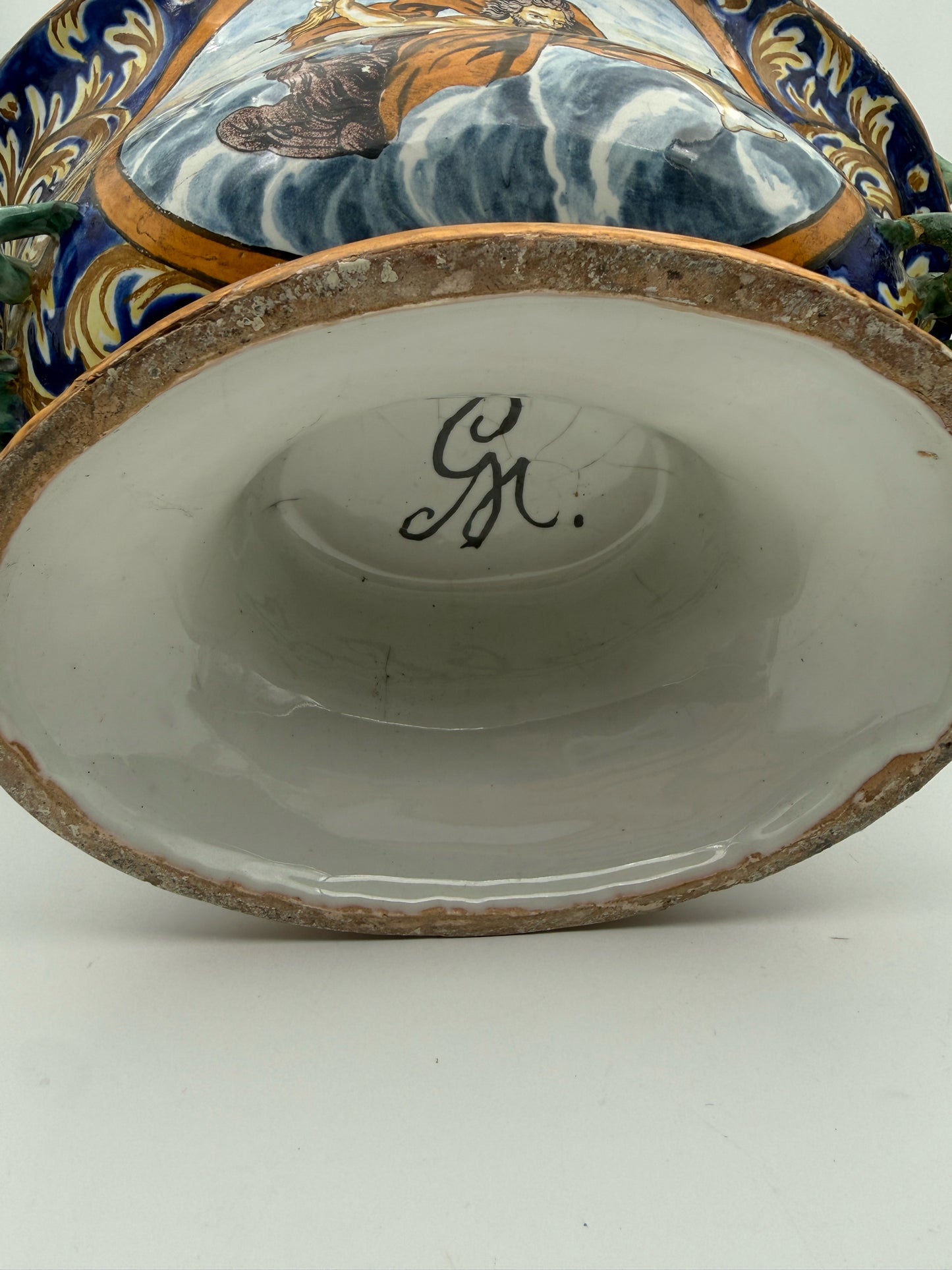 Antique Italian Majolica Zeus And Artemis Jardiniere With Snake Handles