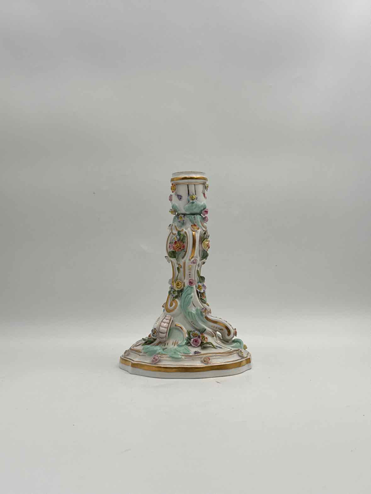 Meissen Porcelain Single Candleholder with Flowers & Rococo Scrollwork
