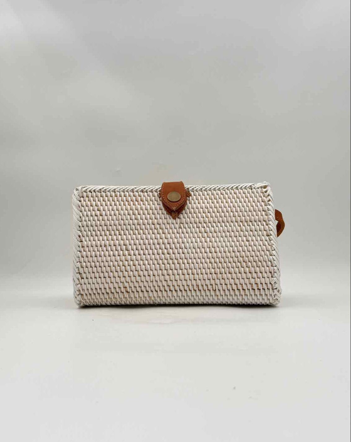White Wash Woven Rattan Convertible Crossbody Clutch Leather Strap Bag