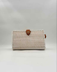 White Wash Woven Rattan Convertible Crossbody Clutch Handbag Purse – Leather Strap