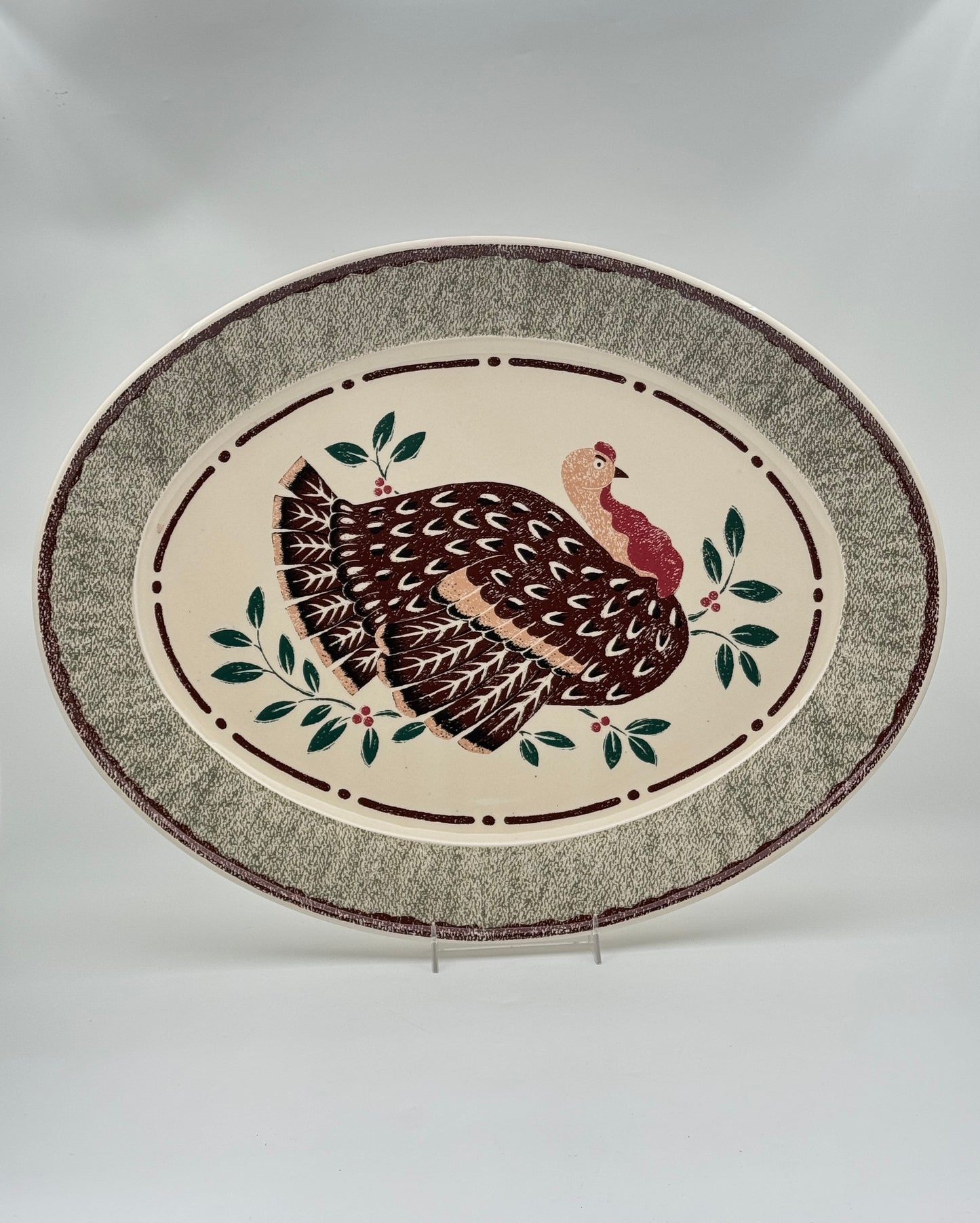Mid-Century Japan Turkey Platter – Hand-Painted with Berry & Leaf Border