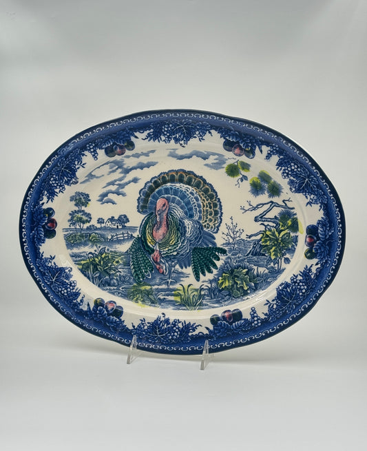 Ceramic Turkey Platter – Blue & White with Polychrome Accents – 20th Century