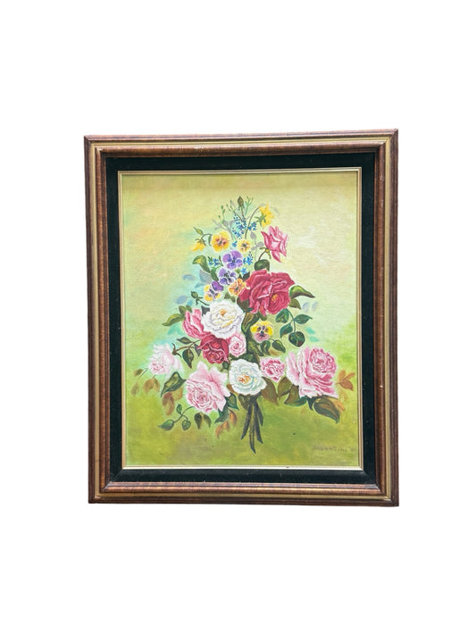 Original Oil On Board Framed Flowers Painting By Billie Whitcomb