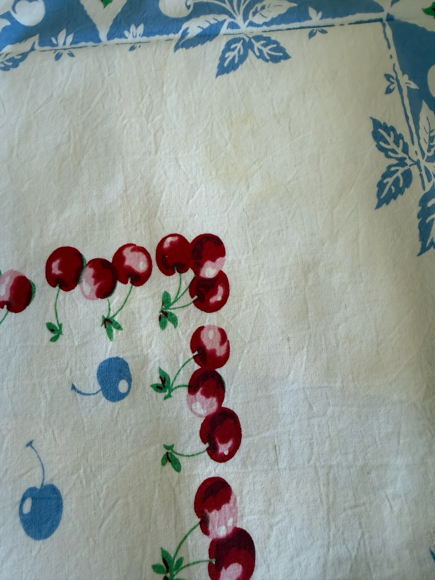 Vintage Mid Century Blue And Red Cherry Tablecloth