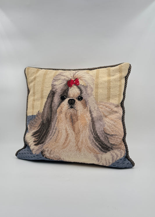 Needlepoint Pillow Featuring Shih Tzu with Red Bow