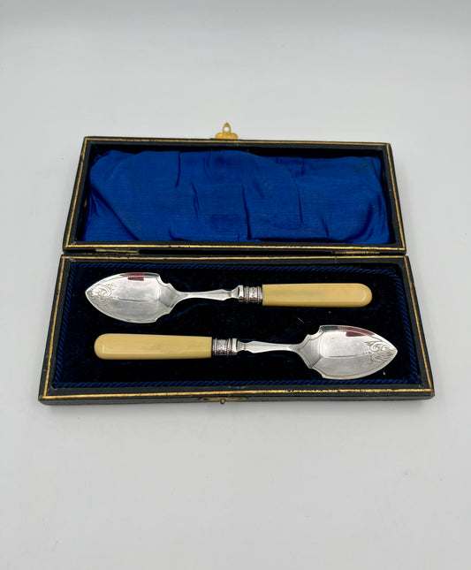 Boxed Silverplate Jam Spoons with Sterling Bands – England, Early 20th Century