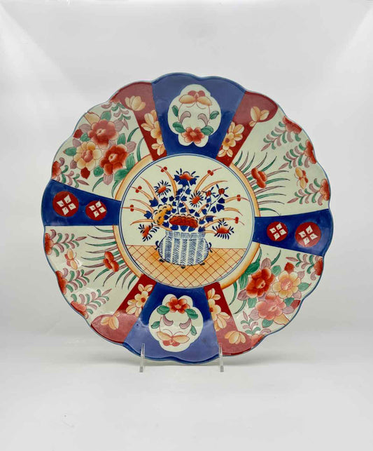 Vintage Chinese Export Charger Platter Blue Red Enamel c 1940 Decor