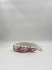 Pink Bow Beaded Headband – White & Blush Design