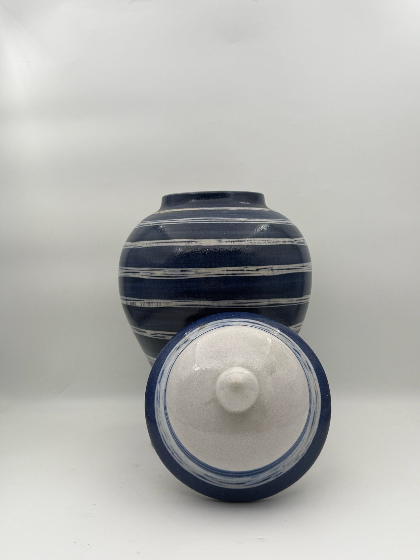 Large Blue And White Striped Ginger Jar