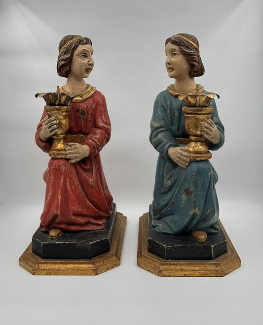 Pair of Hand-Carved Figural Wooden Candle Holders – Kneeling Angels with Gilded Chalices