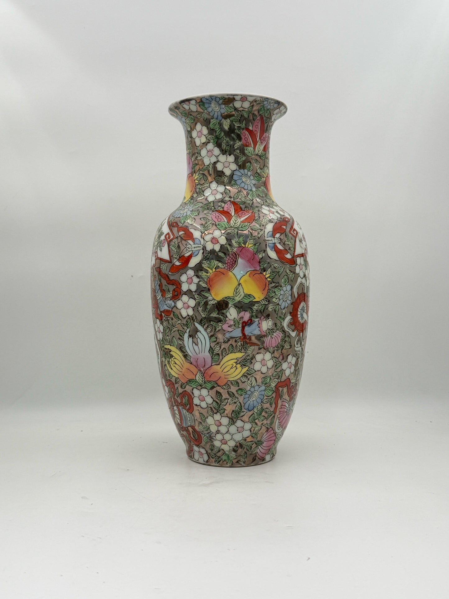 Vintage Chinese Famille Rose Silver Porcelain Vase