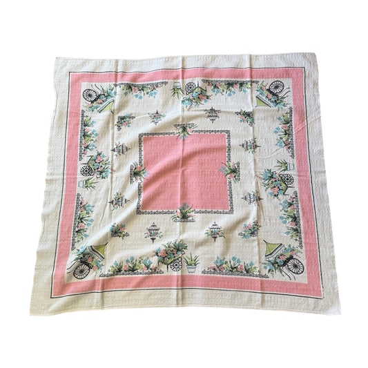Vintage 1950's Pink Flower Cart Tablecloth