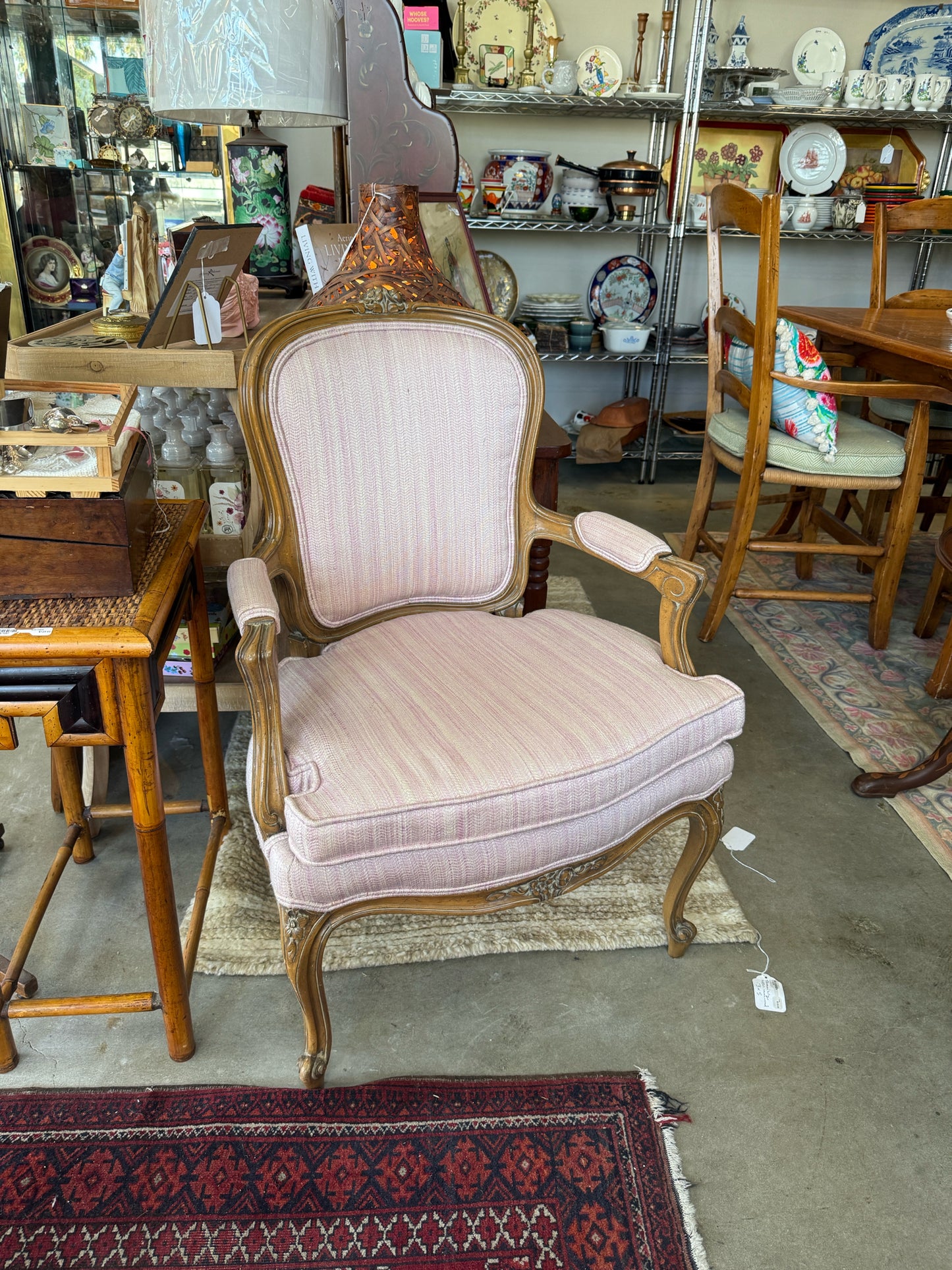 Vintage French Bergere Chair With Pink Upholstered Cushions