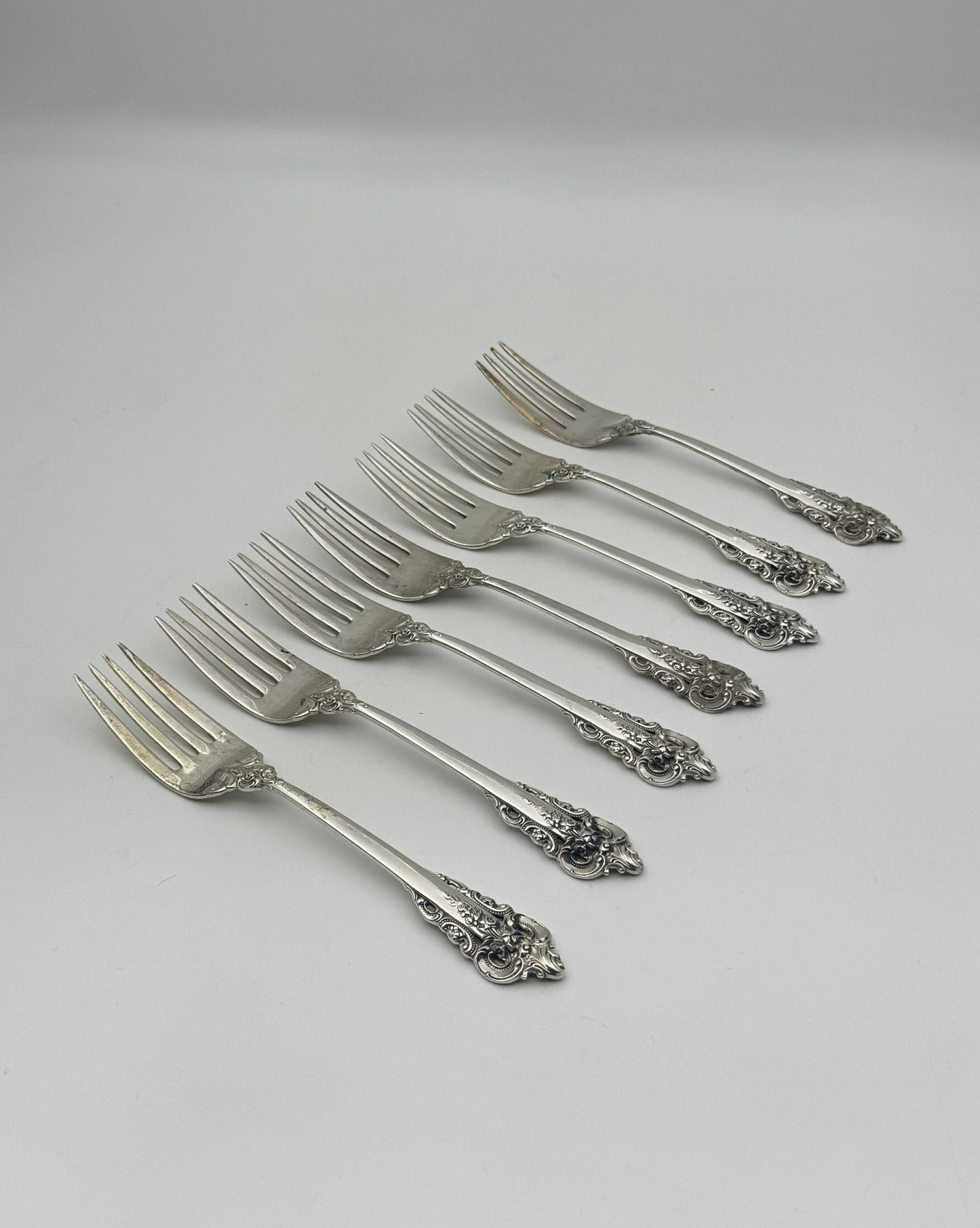 Set of 7 Wallace Sterling Silver Salad Forks “Grande Baroque” Pattern 