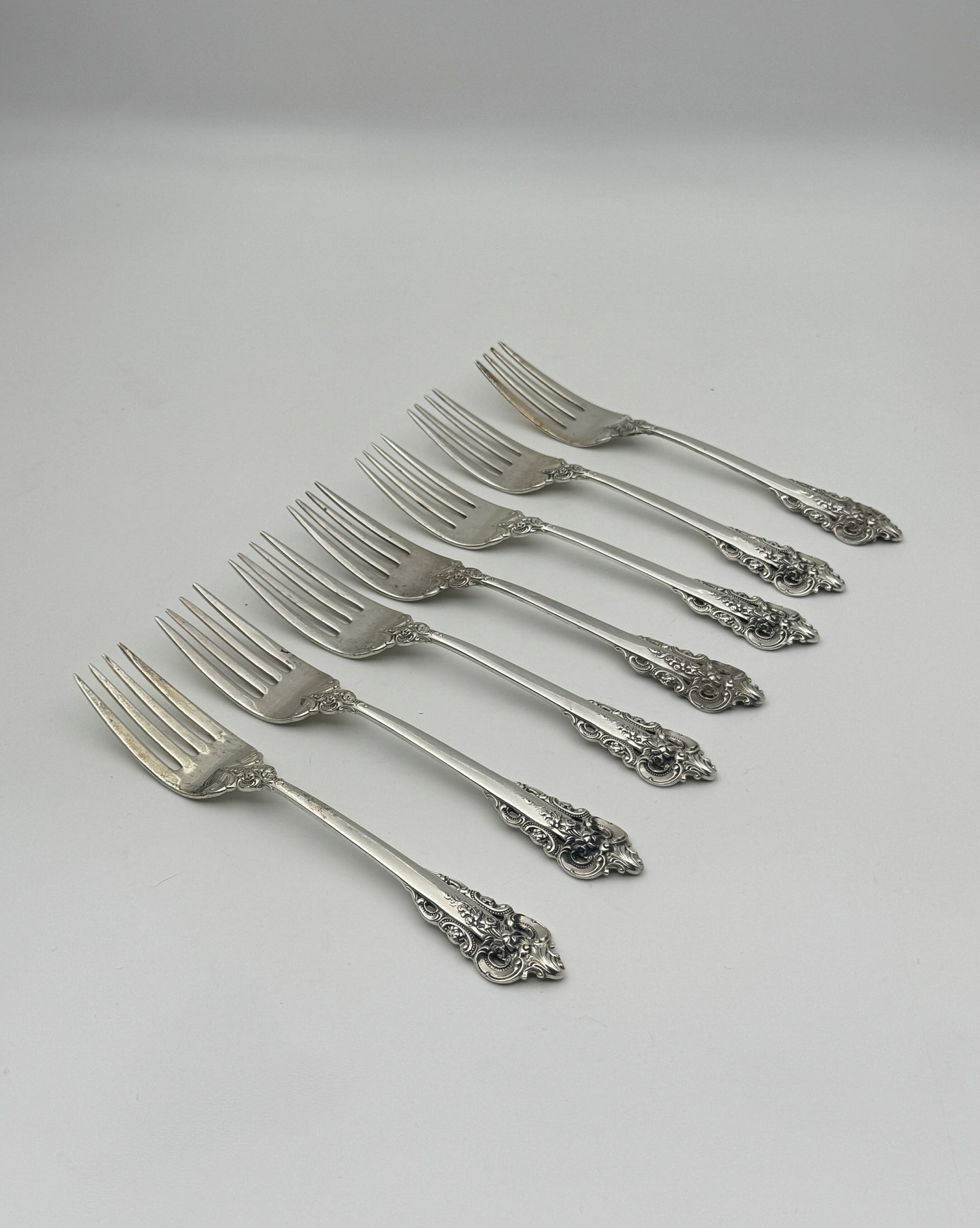 Set of 7 Wallace Sterling Silver Salad Forks “Grande Baroque” Pattern 