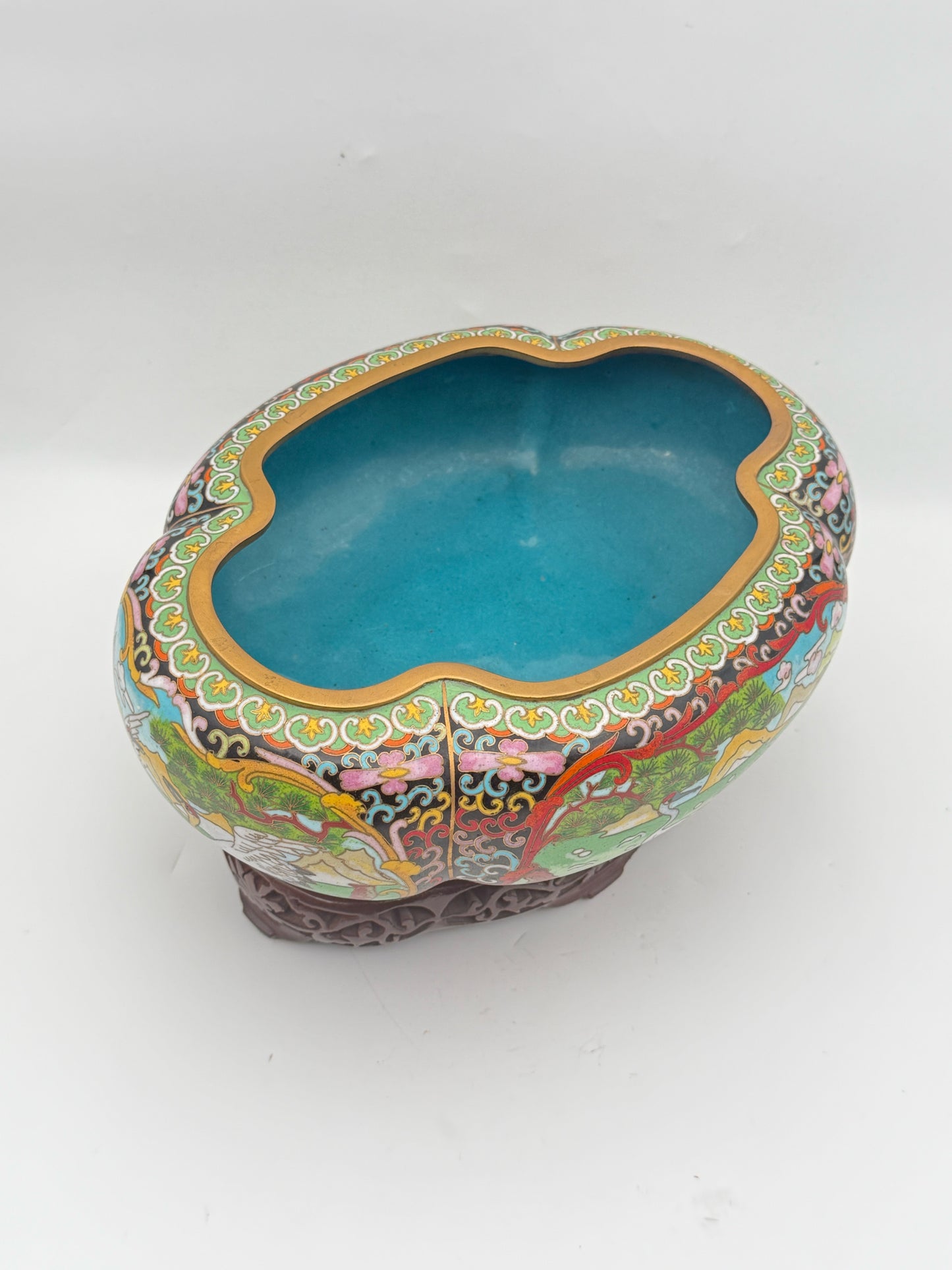 Cloisonne Crane Landscape Bowl On Stand