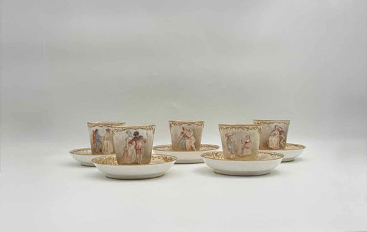 Antique 1900 Sevres Lovers Series Set Of Five Handpainted Teacups And Saucers
