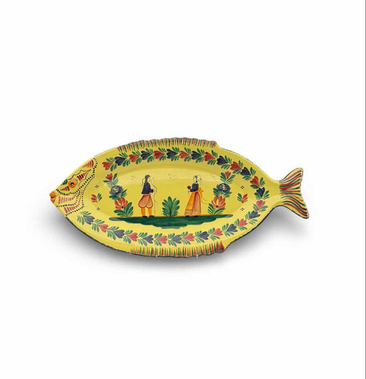 Large Vintage HB Quimper Soleil Fish Platter Breton Folk Art France